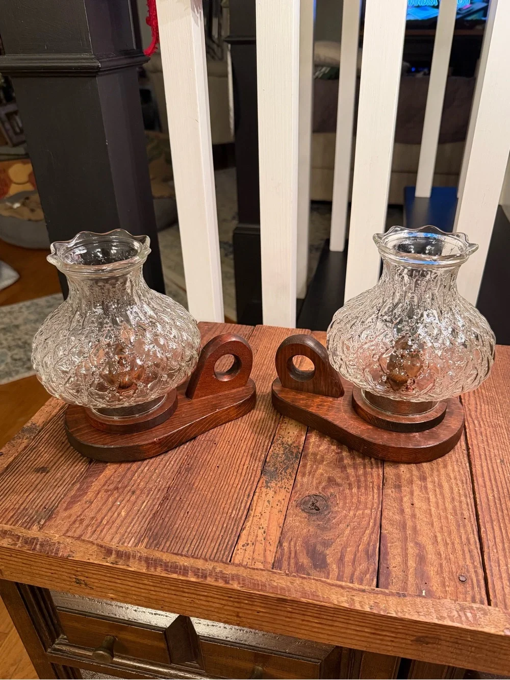 Pair of Vintage Quilted Glass Hurricane Shades with Wooden Handled Base
